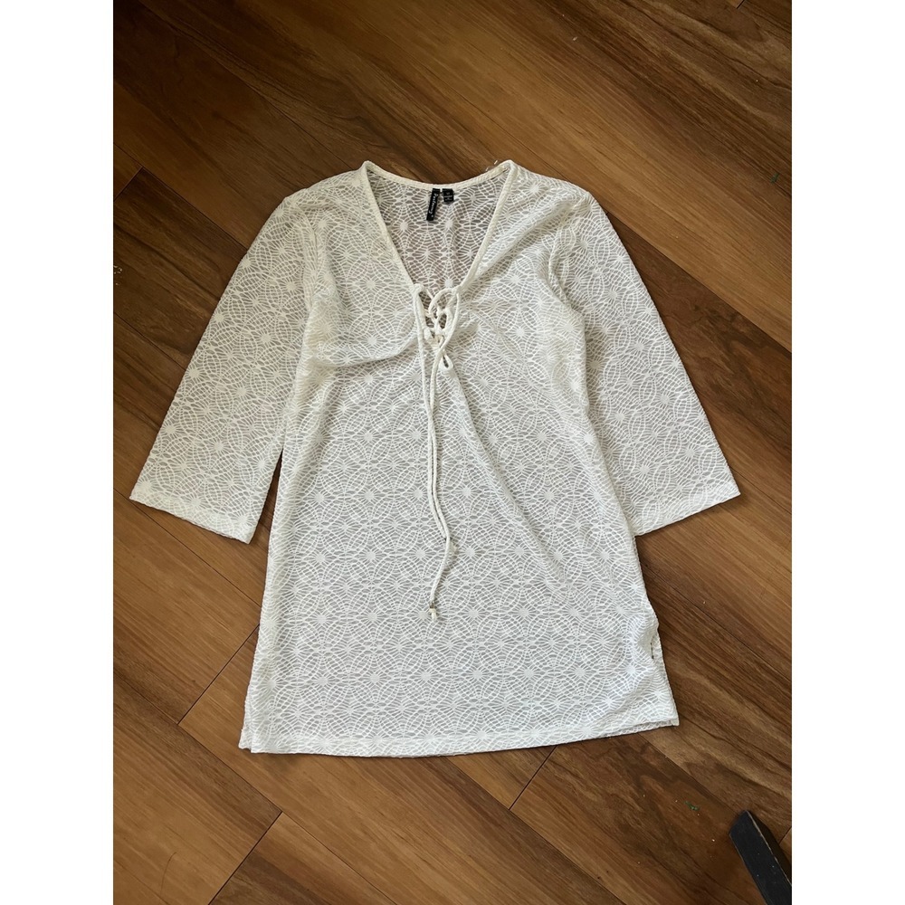 Portocruz White Lace Swim Cover Up Tunic Lace Up V-Neck Beach Resortwear‎ Medium